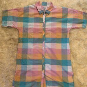 Vintage 80s 90s Pastel Blue and Pink Cotton Night Gown Gingham